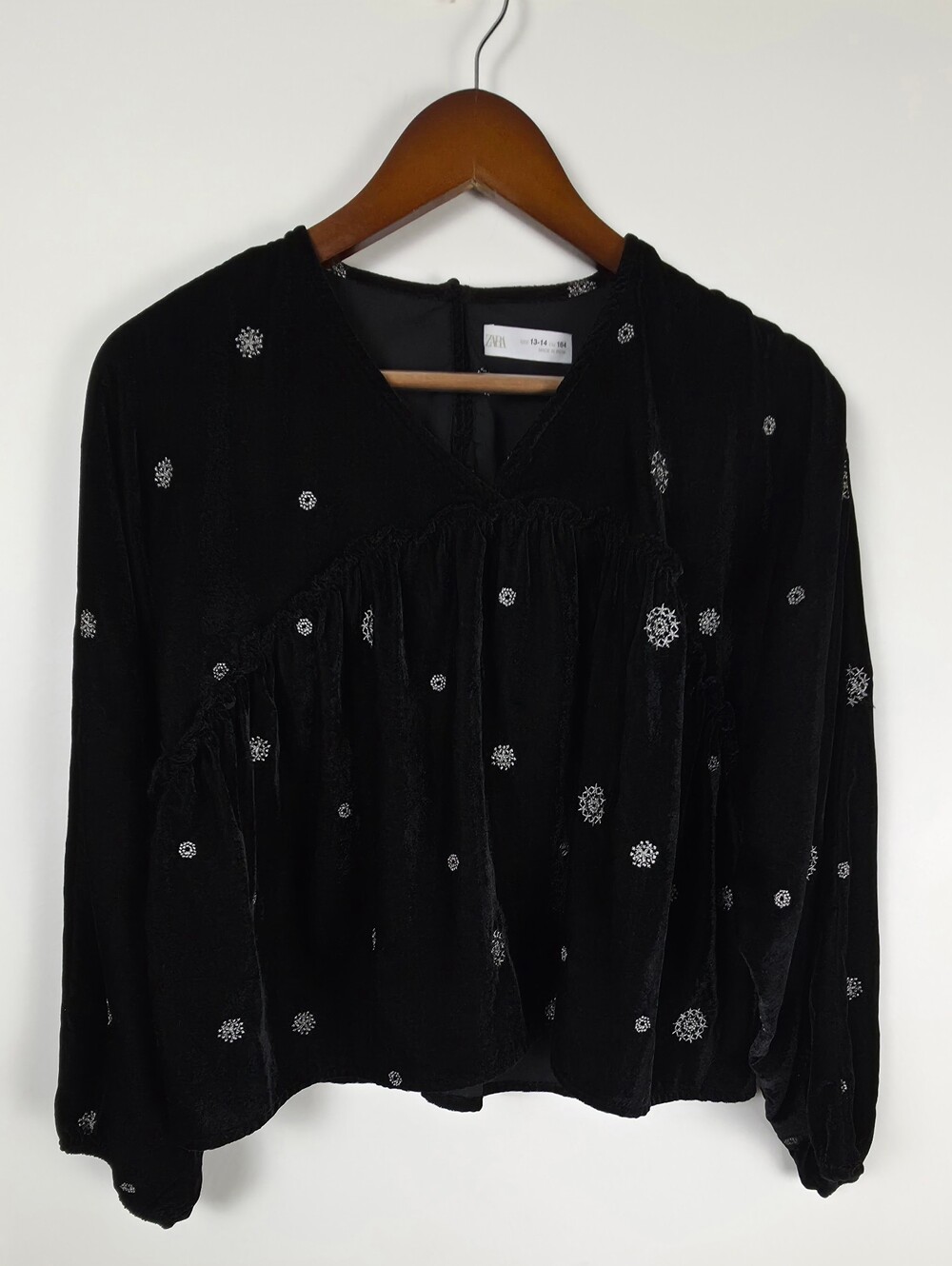 Zara Girls 13-14 Black Velvet Silver Embroidered Boho Holiday Blouse